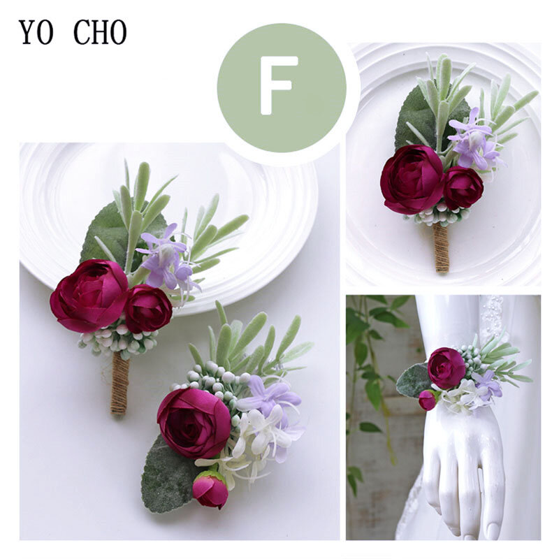 YO CHO ดอกไม้งานแต่งงานสร้อยข้อมือ Corsage ข้อมือผู้ชาย Boutonniere เจ้าสาวสายรัดข้อมือสร้อยข้อมือผู้หญิงสีชมพูประดิษฐ์ Rose