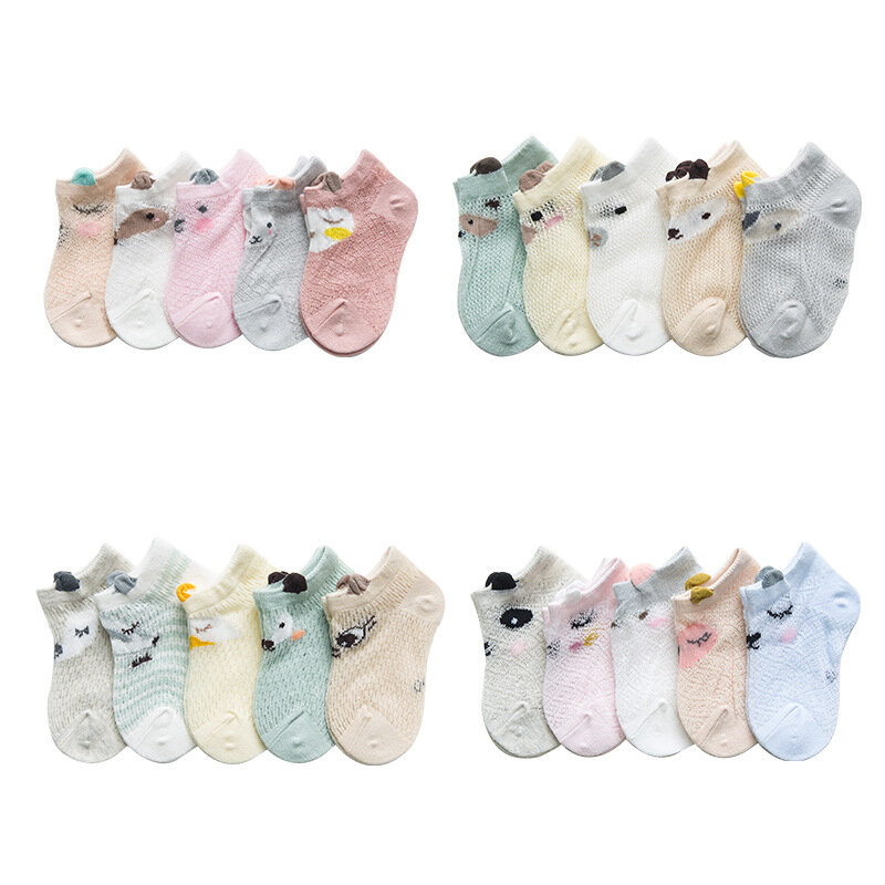 Calcetines de verano con dibujos de animales para niños, medias finas y transpirables de malla de algodón para bebés, de 0 a 5 años, 5 par/lote
