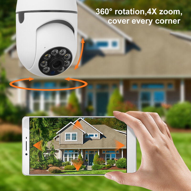 Bombilla panorámica de 360 ° con Wifi, cámara de vigilancia IP PTZ, visión nocturna, detección de movimiento, Webcam de protección de seguridad para el hogar inteligente