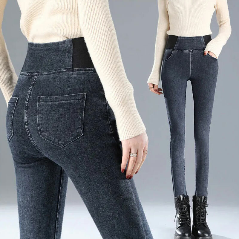 Jeans de lápis de veludo para mulheres, cintura alta, calça macia vintage, jeans quente e espessa, comprimento do tornozelo, tamanho grande 38, outono e inverno