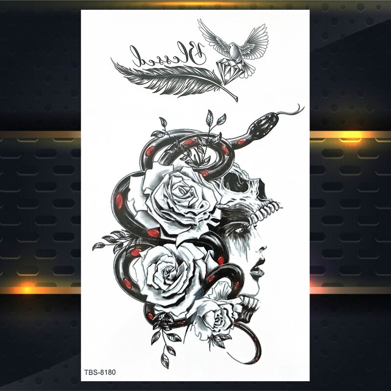 Śmierć czaszka fałszywe tymczasowe tatuaże dla kobiet mężczyzn geometryczne kwiaty piwonii tatuaż naklejki wąż Rose Tiger wodoodporne tatuaże talia