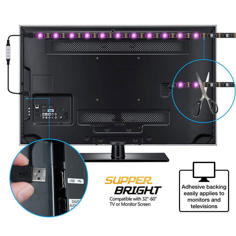 Fita LED RGB Flexível, Fita de Iluminação, Branco Quente, Luz de Fundo, Bateria 3AA, 5V, 2835, SMD, 1m, 2m, 3m, 4m, 5m, 50cm