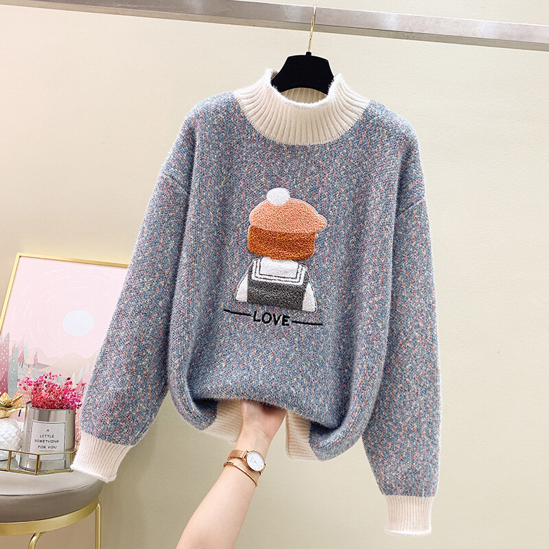 Pullover Women Thicken Turtleneck Sweater Winter Cartoon Embroidered Sweater Long-sleeved Love Solid Color Knitted Sweater Tops