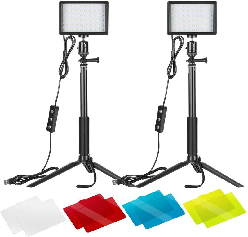 2 paquetes de luz LED de vídeo regulable 5600K USB con soporte de trípode ajustable y filtros de Color para transmisión en vivo