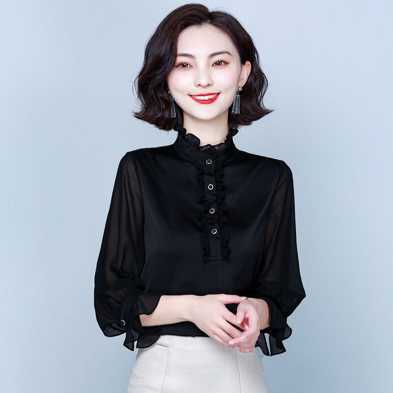 Women Satin Silk Fashion Blouse Ruffles Stand Collar Shirt Long Sleeve Office Royal Court Palace Tops Feminine Pullover Camisa