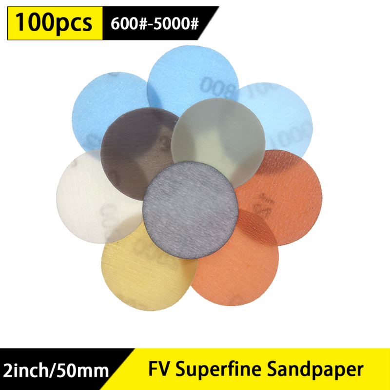 100PCS 2 인치 FV 초극세 필름 샌딩 디스크 부드러운 방수 사포 습식/건식 자동차 페인트 용 600 ~ 5000 그릿