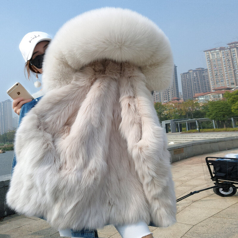 Chaqueta vaquera con forro de piel de zorro natural para mujer, abrigo de algodón cálido para invierno, 2020
