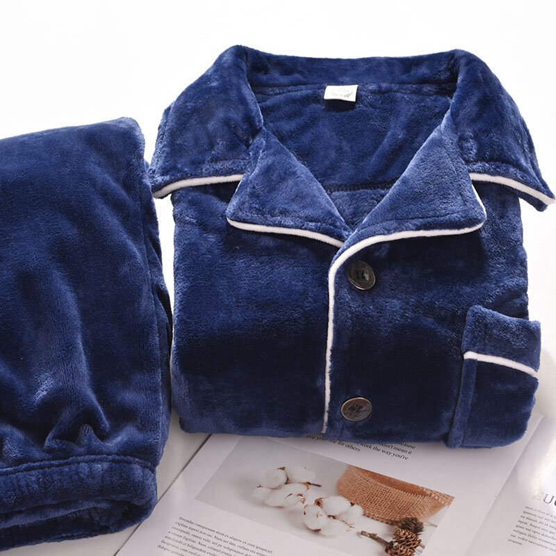 Pijamas de franela de invierno de los hombres PJ de manga completa ropa de casa cálida Pijama Hombre espesar ropa de dormir de lana de Coral Pijama de Hombre