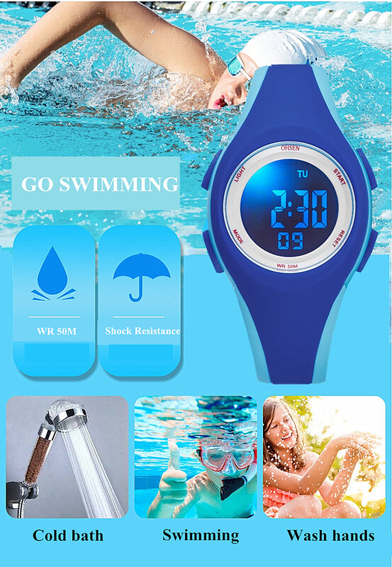 OHSEN Kids Sport zegarki 50M wodoodporny niebieski silikonowy elektroniczny zegarek na rękę stoper cyfrowy zegarek dla dzieci dla chłopców dziewcząt