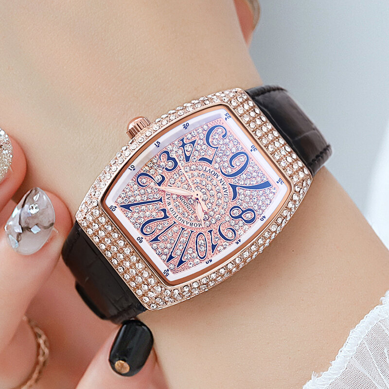 Женские кварцевые аналоговые часы с кристаллами и кожаным ремешком