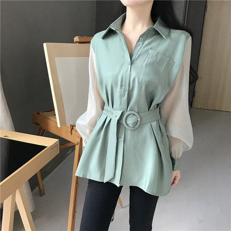 Blusa informal elegante para mujer, minivestido de manga larga transparente con cinturón OL, camisa Simple de trabajo, Tops sueltos, blusas elegantes sólidas