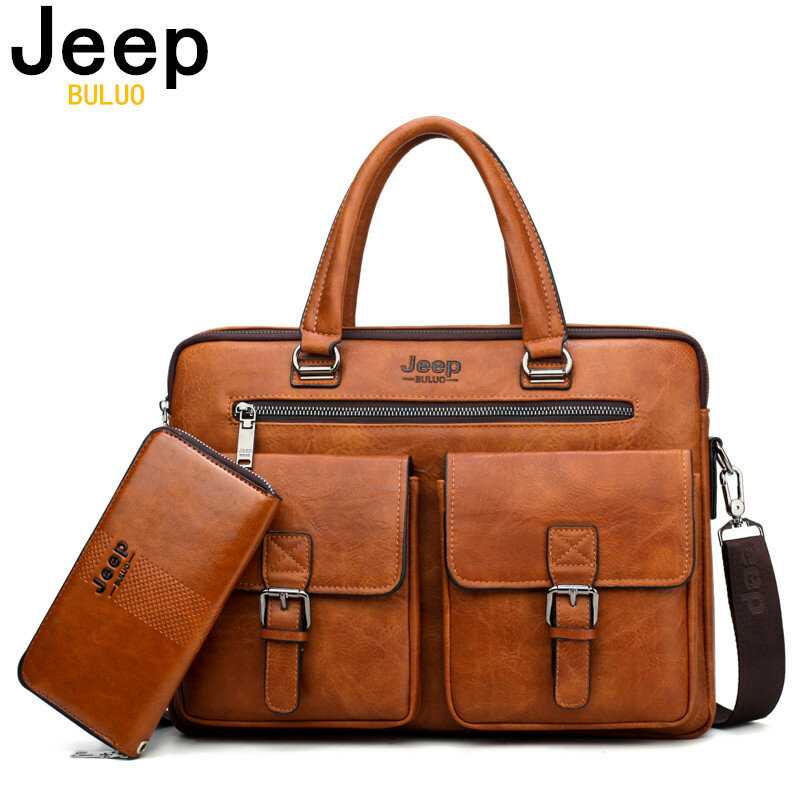 Jeep buluo marca man'sbusiness maleta saco 2 pcs/set split couro de alta qualidade homens sacos de escritório para 13. 3 polegada laptop a4 causel