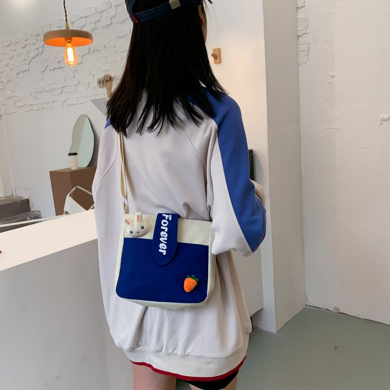 女性のための小さなキャンバスのハンドバッグ,韓国のファッションスタイルのキャンバス,かわいい,ウサギ,斜めのショルダーストラップ,単色,正方形のバッグ
