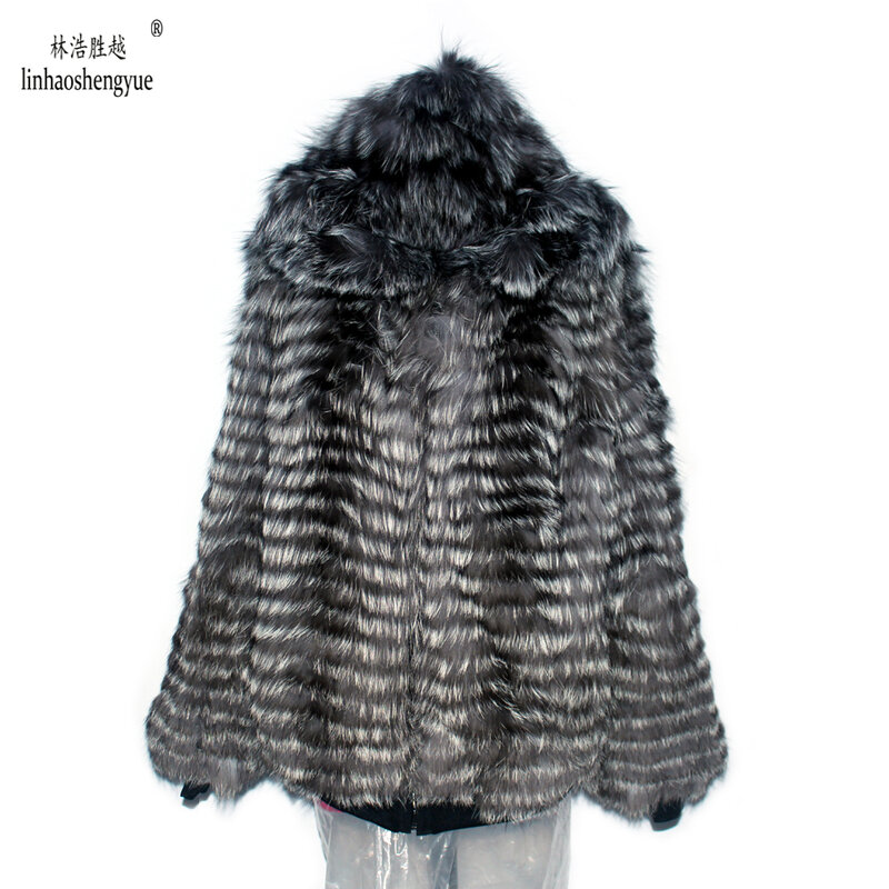 Linhaoshengyue Real Fox Fur Coat dengan Berkerudung Lengan Panjang Mantel