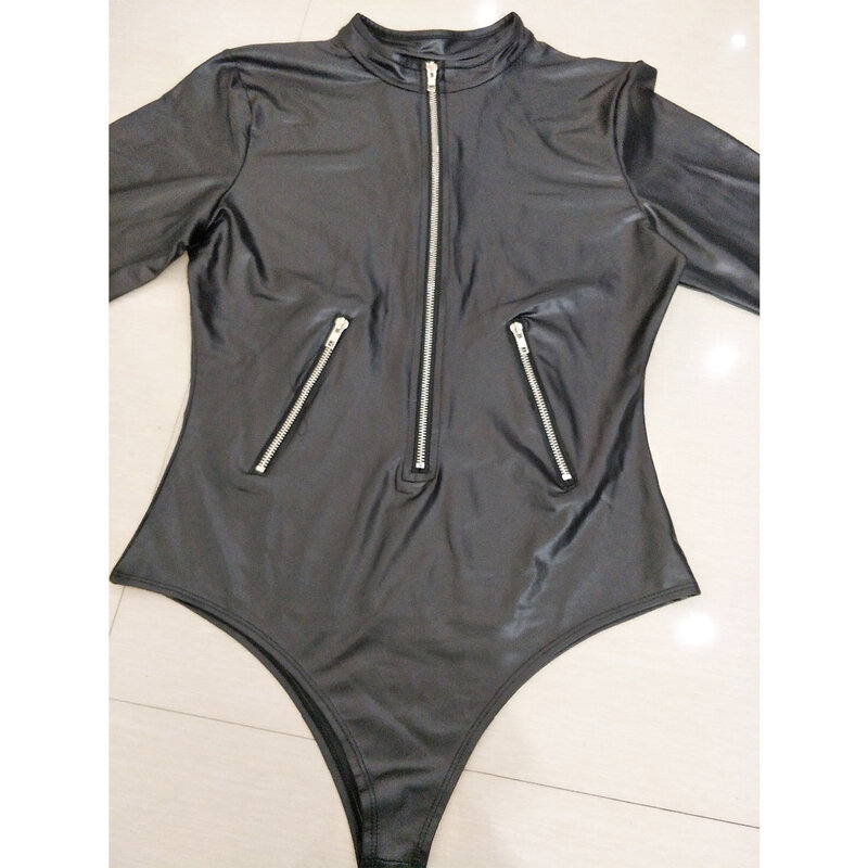 Women Sexy Leather Bodycon Bodysuit Zipper PU Latex Catsuit Slim Vinyl Jumpsuit Long Sleeves Bodysuits Rompers