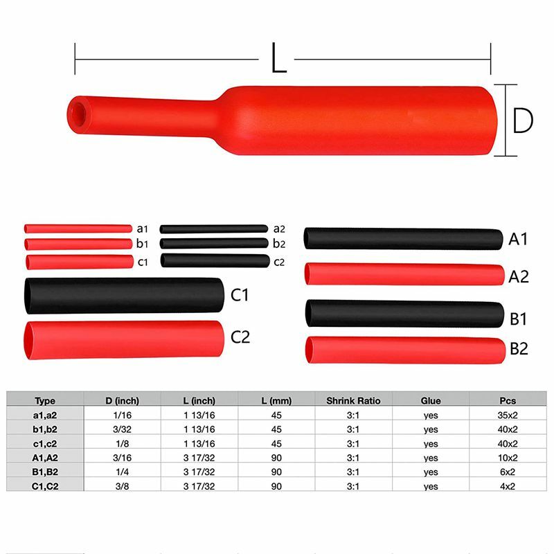 Adesivo Forrado Heat Shrink Tubing Tube, Dual Wall, 3:1 Shrink Ratio, 2 Kit de cores, 6 Tamanho, 3/8 ",1/4",3/16 ",1/8",3/32 ",1/16", 270 PCes