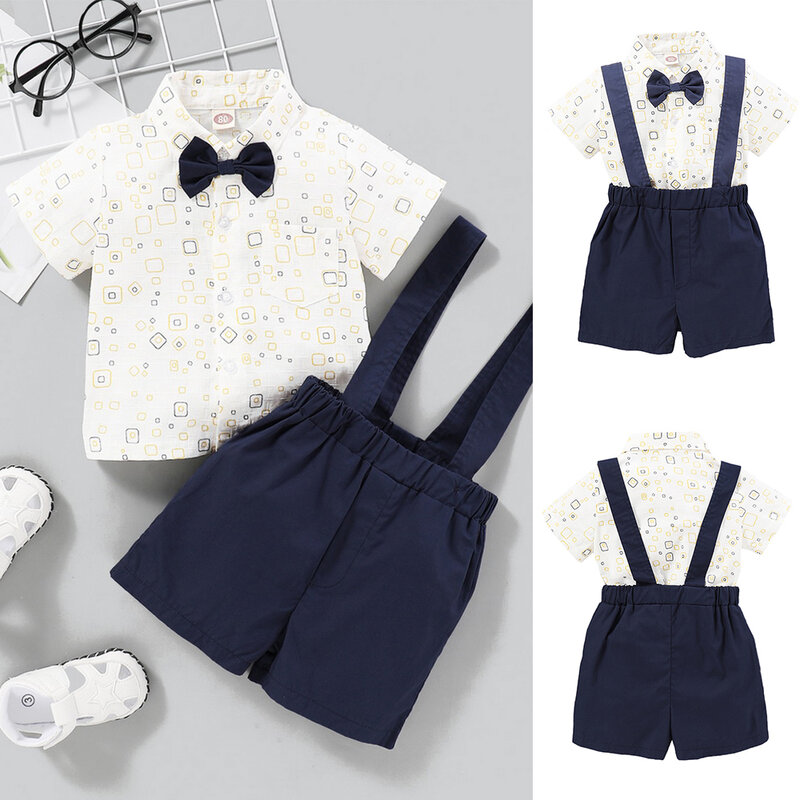 Boys 2pcs Set Gentleman Suit Toddler Kids Baby Bow Tie Blouse Suspender Shorts Overalls Outfits D30