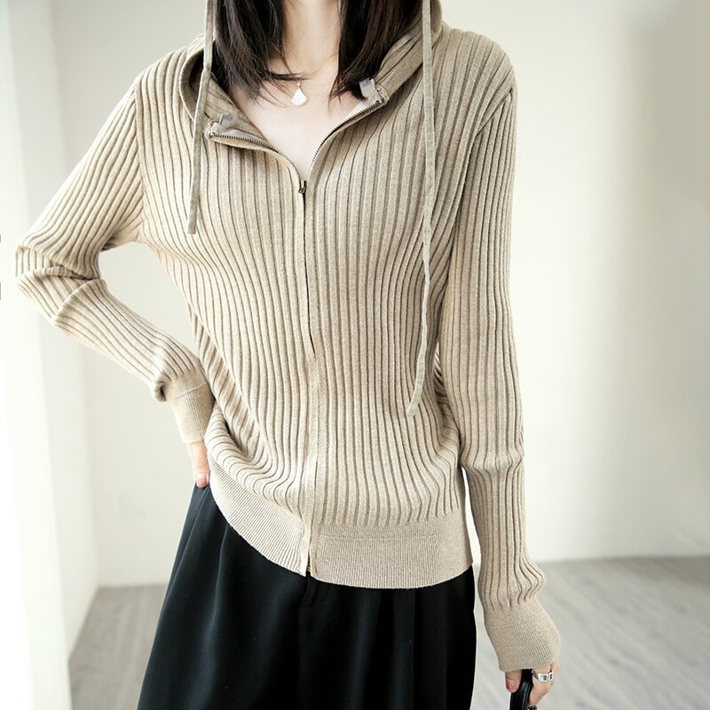 Hooded Wool Cardigan Women's Thin Sweater Knit Sweater Wear All-Match Casual Zipper Jacket Autumn And Winter New  Korean Version