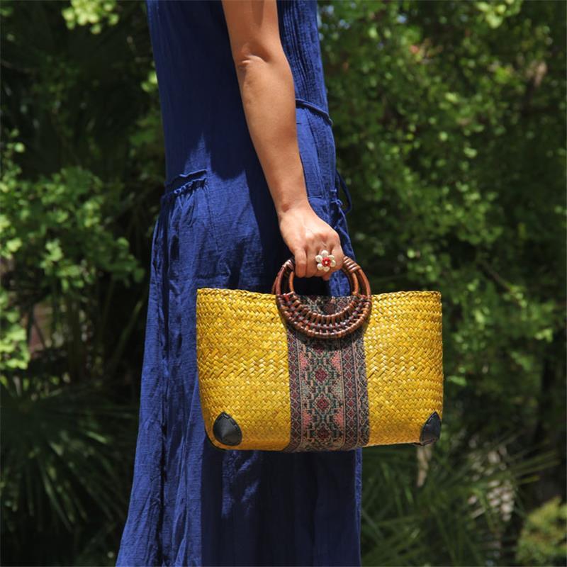 Bolsa de mão feminina de palha tailandesa 34x20cm, bolsa de praia para viagem, férias e orla de rattan a6101
