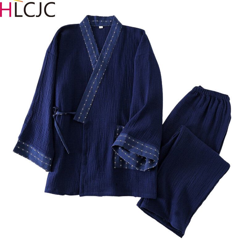 Мужское кимоно, домашние костюмы, брюки с длинным рукавом, костюмы для осени и весны, пижамы для мужчин, Хлопковая пижама из крепа, дизайнерская Пижама для мужчин