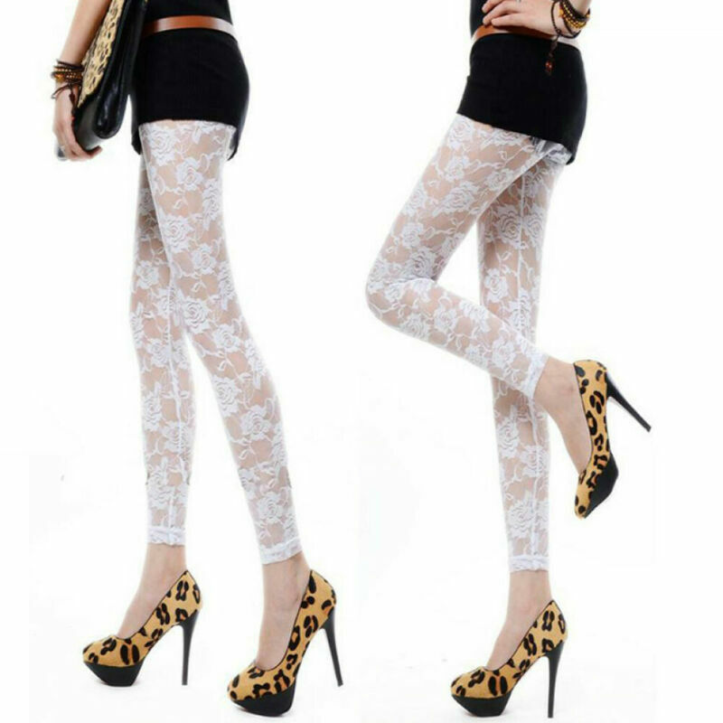 Leggings de encaje para mujer, calzas caladas florales rosas, pantalones ajustados sin pies, transparentes, medias de cintura baja, talla única