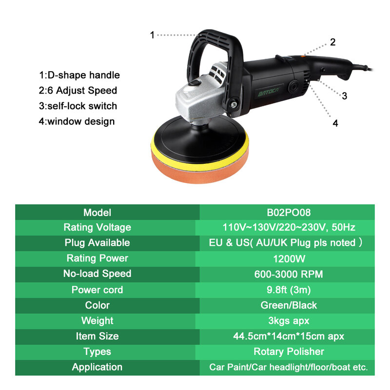 BATOCA-Polidor De Carro Rotativo, Máquina De Polimento De Carro Elétrico RO, Ferramentas De Lustro, Buffer Waxer, Lixadeira De Velocidade Ajustável, 1200W, 7in