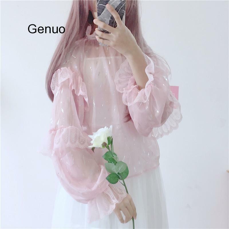 Blusa de estilo japonés Lolita para mujer, Blusa de gasa con volantes brillantes en blanco y rosa, Kawaii, 2 piezas, primavera y otoño