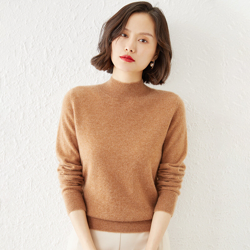 2021 Fall/winter Sheep Cashmere Sweater Ladies Bottoming Shirt Slim Half High Neck Temperament Blended Core Yarn Sweater