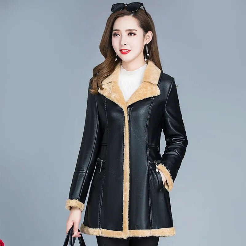 Mantel bulu empuk semua dalam satu pakaian wanita, Mantel setengah panjang leher V untuk musim dingin 2024 baru longgar dan hangat