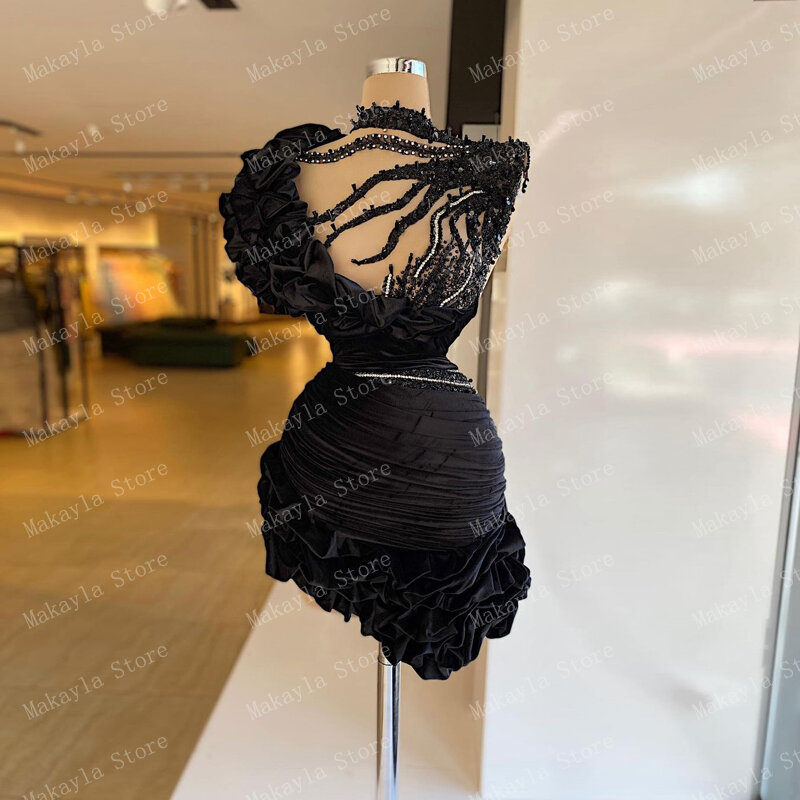 Черные сексуальные элегантные платья для выпускного вечера, короткие женские коктейльные платья ручной работы с аппликацией из кристаллов и оборками, индивидуальный пошив