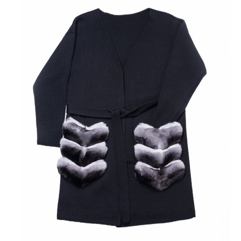 Women Fur Cardigan Cashmere Sweater Knee-Length Coat With Rex Rabbit Fur Trim Pockets