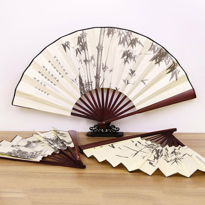InjFan pliable rétro pour hommes, style chinois, décoratif, poignée en bambou, ventilateur à main, 1 pièce