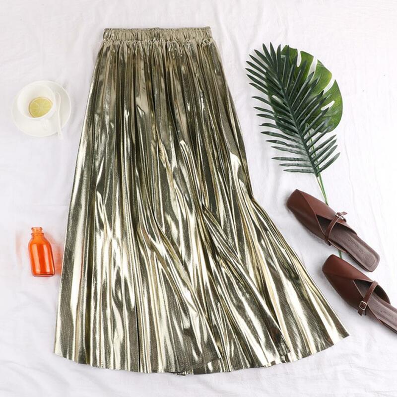 2024 Elegant Women Midi Skirt VD1824 High Waist Black Silver Gold Solid Color Pleated Skirt SS0039