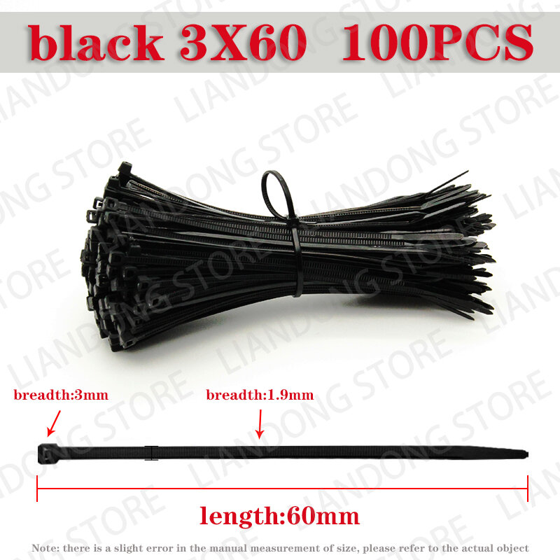 500Pcs 3X60 3X80 3X100 3X120 3X150Mm Diverse Self-Locking Nylon Kabelbinders Zwart Plastic Zip Tie Loop Wire Wrap Zip Ties