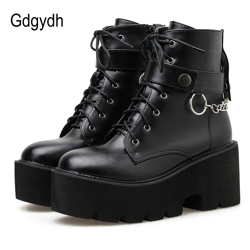 Gdgydh 여성용 섹시한 체인 가죽 가을 부츠, 블록 힐, 고딕 블랙 펑크 스타일 플랫폼 슈즈, 여성 신발, 고품질, 신상