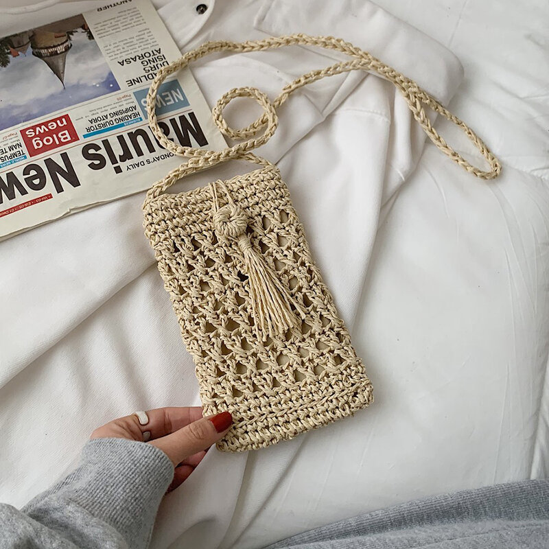 Women's Bag Vintage Straw Rope Vacation Travel Beach Holiday Woven Small Purse Women Casual Mini Shoulder Crossbody Phone Bag