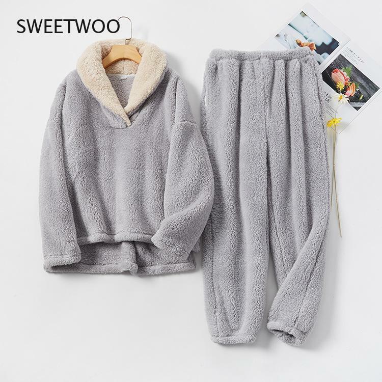 Pijama de lana en Coral para mujer, conjunto de pijamas de franela, servicio a domicilio para parejas, Otoño e Invierno