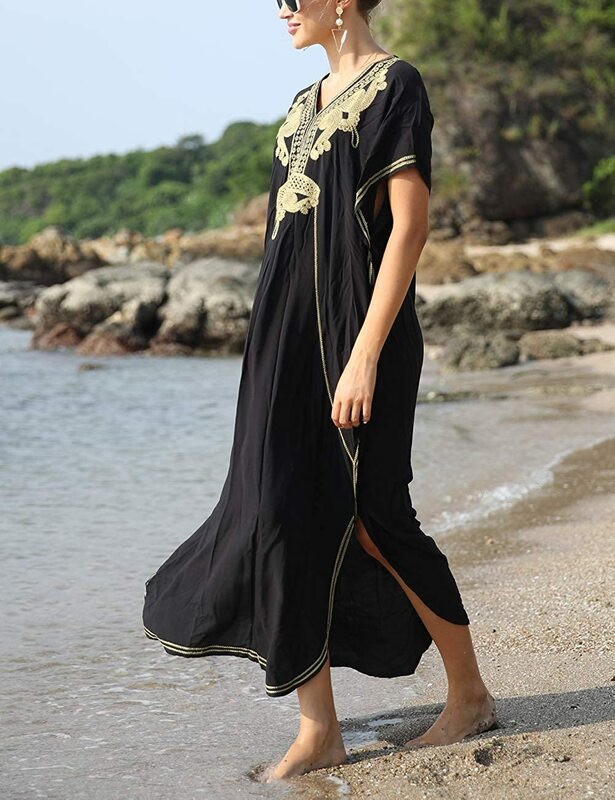 Bsubseach – robe de plage brodée à manches courtes pour femmes, Kaftan ample, col en V, grande taille
