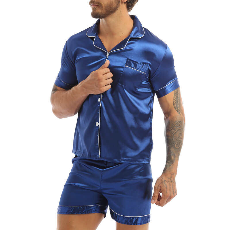 Модный Мужской Шелковый Атласный пижамный комплект, Однотонная футболка с коротким рукавом и пуговицами, топы с эластичным поясом, боксеры, шорты, одежда для сна