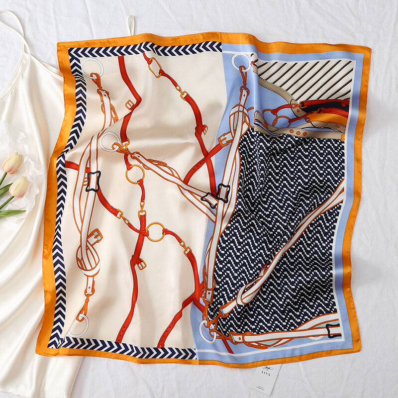 Yishine cachecol de marca feminino, 70*70cm, 4 cores acabamento de seda macia com corrente estampada para primavera e verão 2021