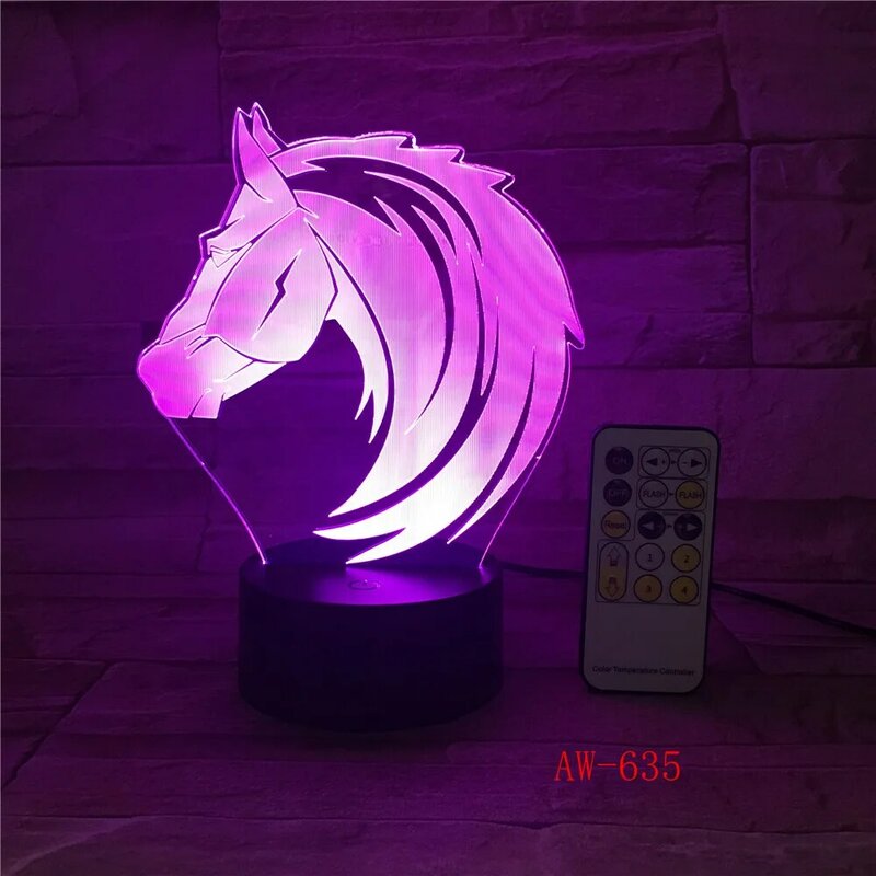 الحصان رئيس ثلاثية الأبعاد الوهم LED ضوء الليل 7 ألوان الجدول مصباح الجدة ضوء المنتج مع زر اللمس الأطفال هدية قطرة AW-635