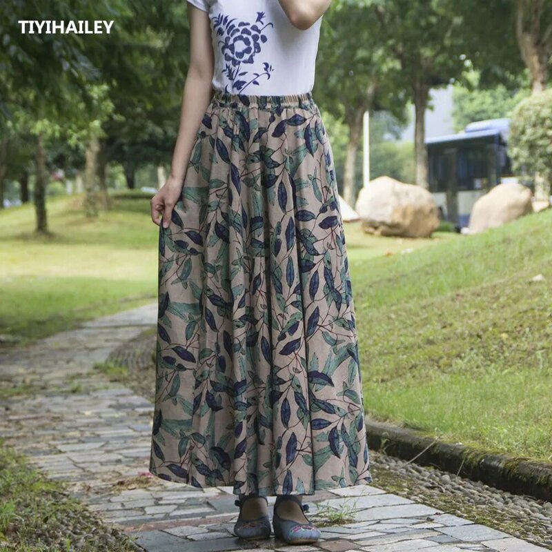 Tiyihailey frete grátis 2021 nova moda longa maxi a-line cintura elástica feminina algodão e linho imprimir saia primavera verde bainha grande