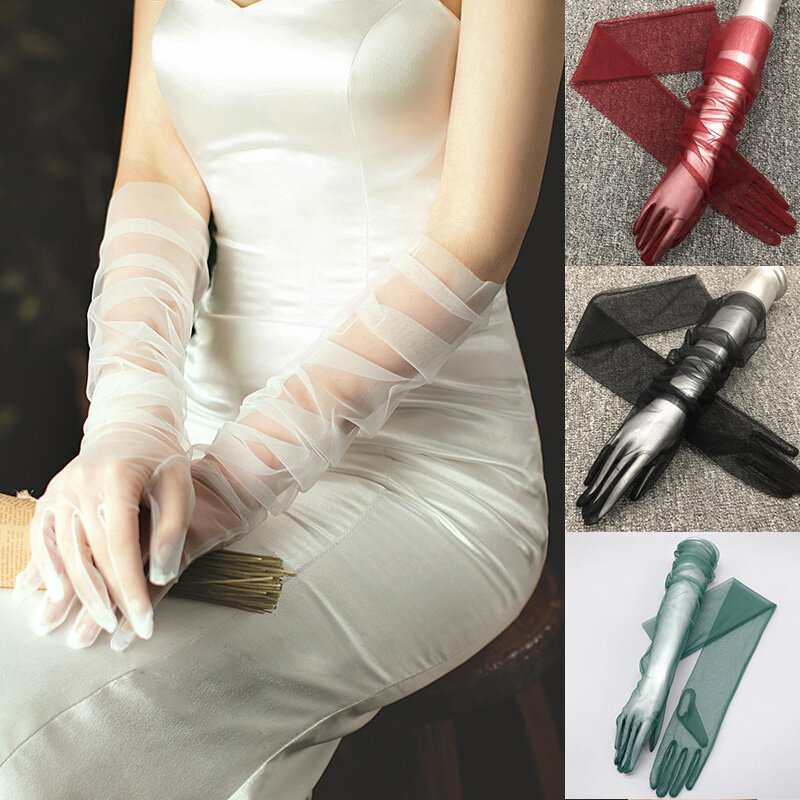 Женские прозрачные тюлевые перчатки 2024, прозрачные длинные перчатки с закрытыми пальцами, варежки, тонкие ультрадлинные перчатки для свадебной фотосъемки