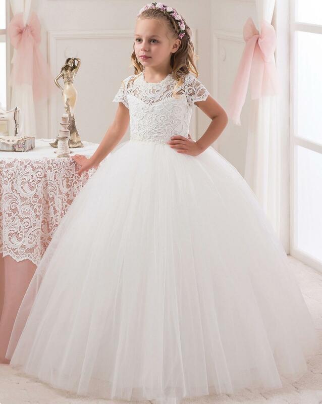 Пышное детское простое Дешевое платье принцессы с короткими рукавами белое кружевное бальное платье с цветочным узором для девочек на свадьбу, день рождения