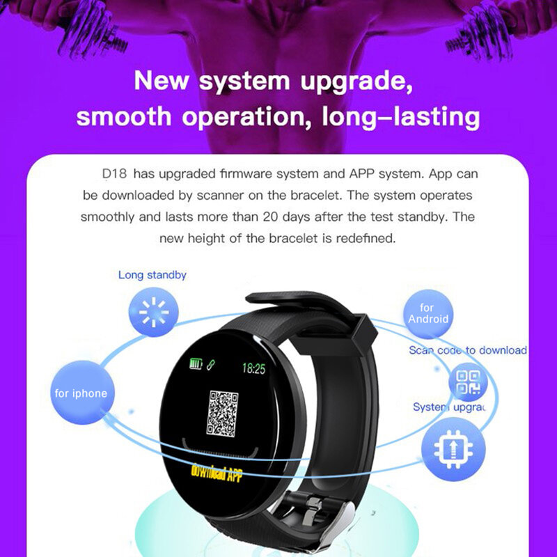 D18 relógio inteligente full touch, smartwatch com monitor de pressão arterial e frequência cardíaca, controle de música, lembrete de mensagens, para homens e mulheres