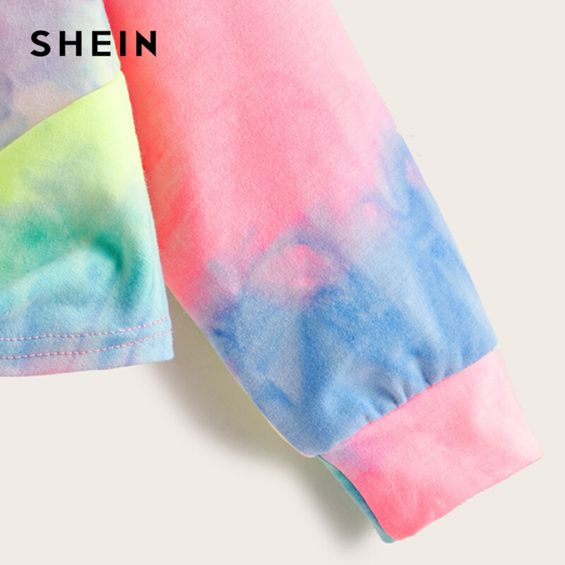 SHEIN Kiddie dziewczyny Multicolor Twist przód bluza z kapturem dzieci 2019 jesień z długim rękawem Tie barwnik Colorblock bluzy w stylu casual