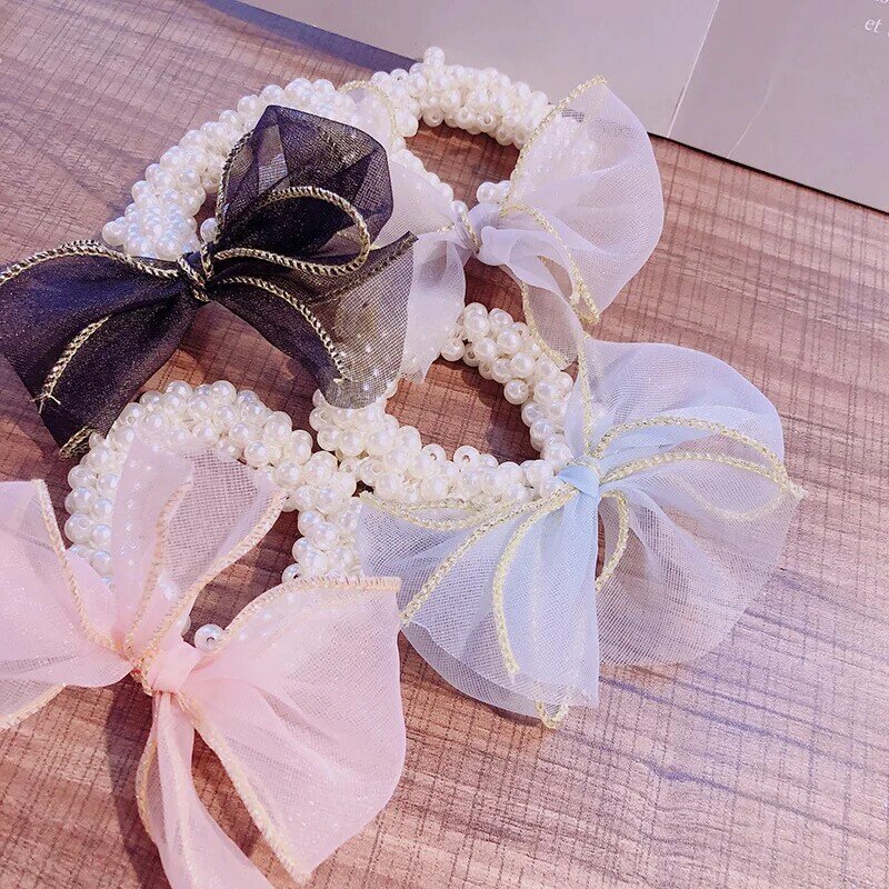Coreano pérola laço de cabelo elástico faixas de cabelo laço borboleta nó hairbands jóias de luxo acessórios para meninas