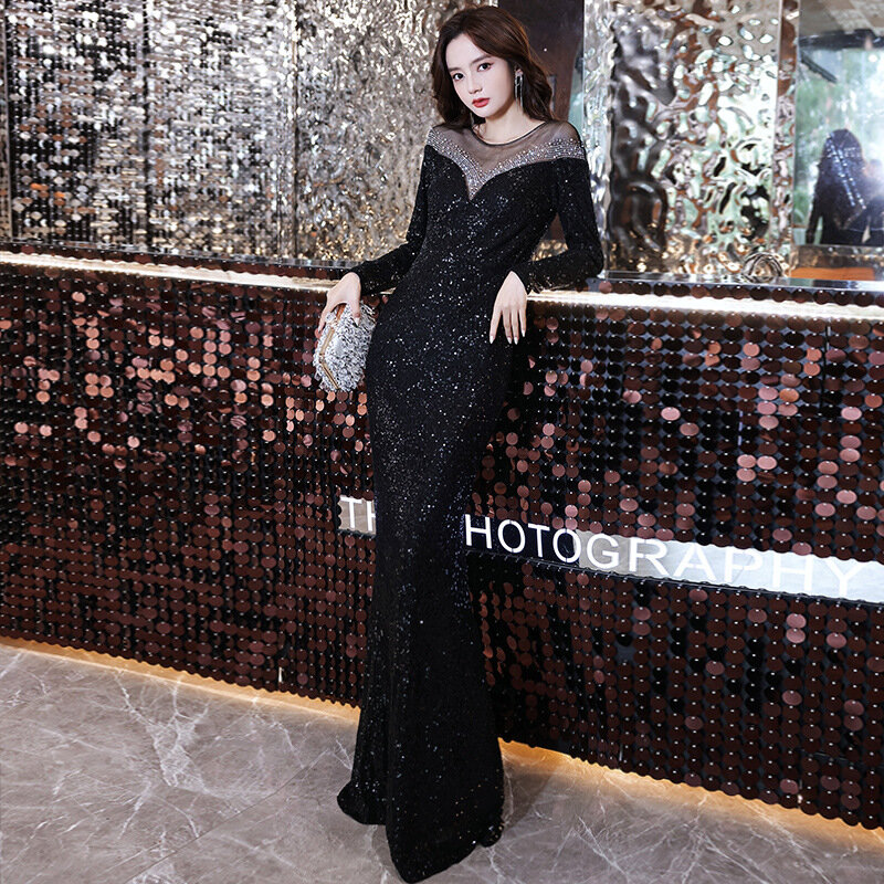 Gaun Malam Formal Wanita Kerah O Gaya Korea Gaun Pesta Ramping A-Line Panjang Hingga Lantai Gaun Prom Formal Elegan Applique