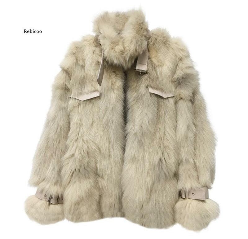 Jaqueta com gola de pele de raposa, casacos da moda para outono e inverno, casacos femininos elegantes e resistentes, com laço e cinto slim