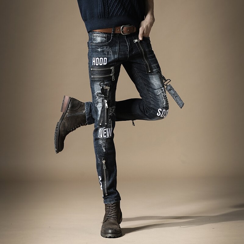 Freies Verschiffen Neue 2020 männer der männlichen jeans marke schlank Europäischen flut marke Schlanke loch metall punk stil hip hop denim hose hosen